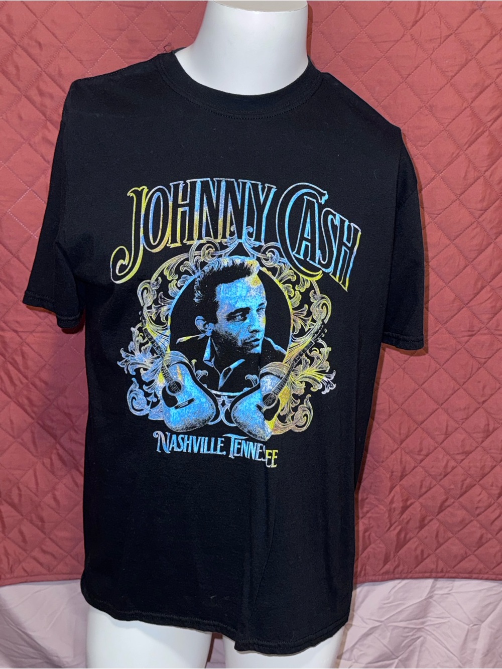 Ash Black Johnny Cash Graphic Tee with Blue and Yellow Print